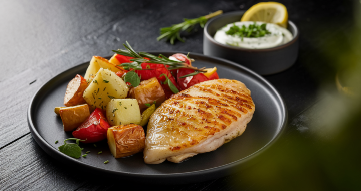 Ofengemüse mit Hähnchen & Kräuterquark